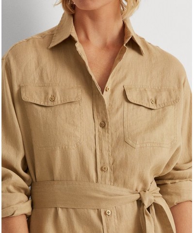 Lightweight Belted Linen Shirt Spring Khaki $43.20 Tops