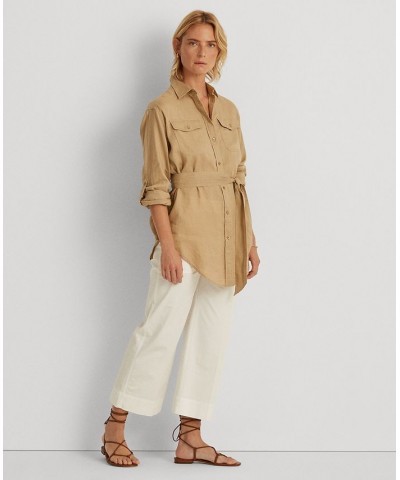 Lightweight Belted Linen Shirt Spring Khaki $43.20 Tops