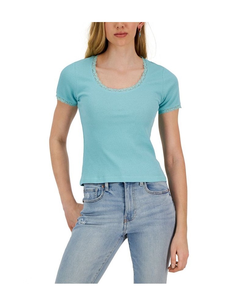 Juniors' Lace-Trim Scoop Neck Ribbed Knit T-Shirt Blue $9.24 Tops