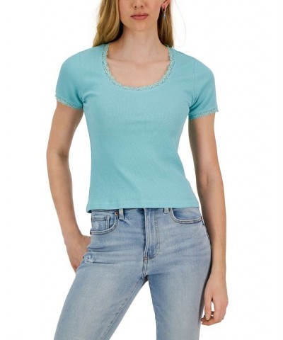 Juniors' Lace-Trim Scoop Neck Ribbed Knit T-Shirt Blue $9.24 Tops