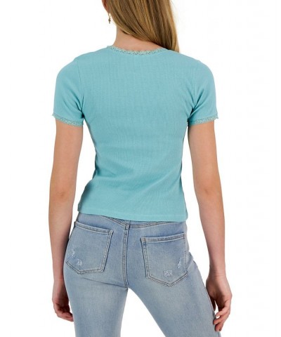 Juniors' Lace-Trim Scoop Neck Ribbed Knit T-Shirt Blue $9.24 Tops