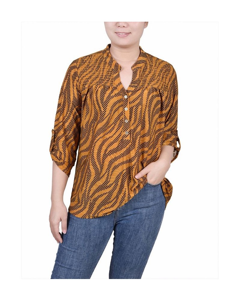 Petite 3/4 Roll Tab Sleeve Smocked-Yoke Top Golden Black Zebra $16.00 Tops