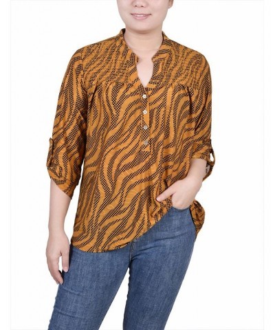 Petite 3/4 Roll Tab Sleeve Smocked-Yoke Top Golden Black Zebra $16.00 Tops