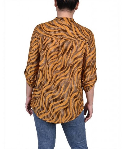 Petite 3/4 Roll Tab Sleeve Smocked-Yoke Top Golden Black Zebra $16.00 Tops