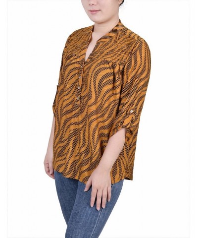 Petite 3/4 Roll Tab Sleeve Smocked-Yoke Top Golden Black Zebra $16.00 Tops