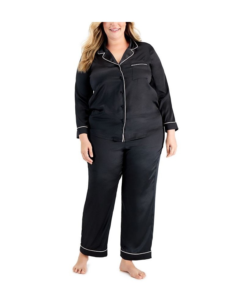 Plus Size Notch-Collar Pajama Set Deep Black $18.11 Sleepwear