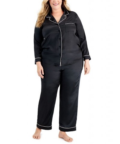 Plus Size Notch-Collar Pajama Set Deep Black $18.11 Sleepwear