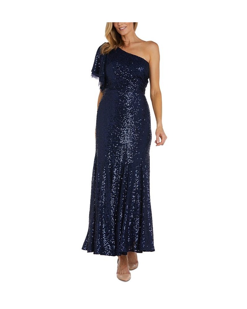 Women's One-Flutter-Sleeve Sequin Gown Navy $62.70 Dresses