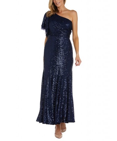 Women's One-Flutter-Sleeve Sequin Gown Navy $62.70 Dresses