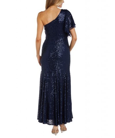 Women's One-Flutter-Sleeve Sequin Gown Navy $62.70 Dresses