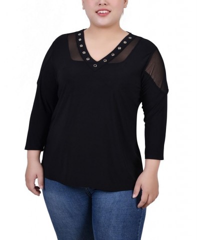 Plus Size 3/4 Sleeve Top with Mesh Insets Black $14.90 Tops