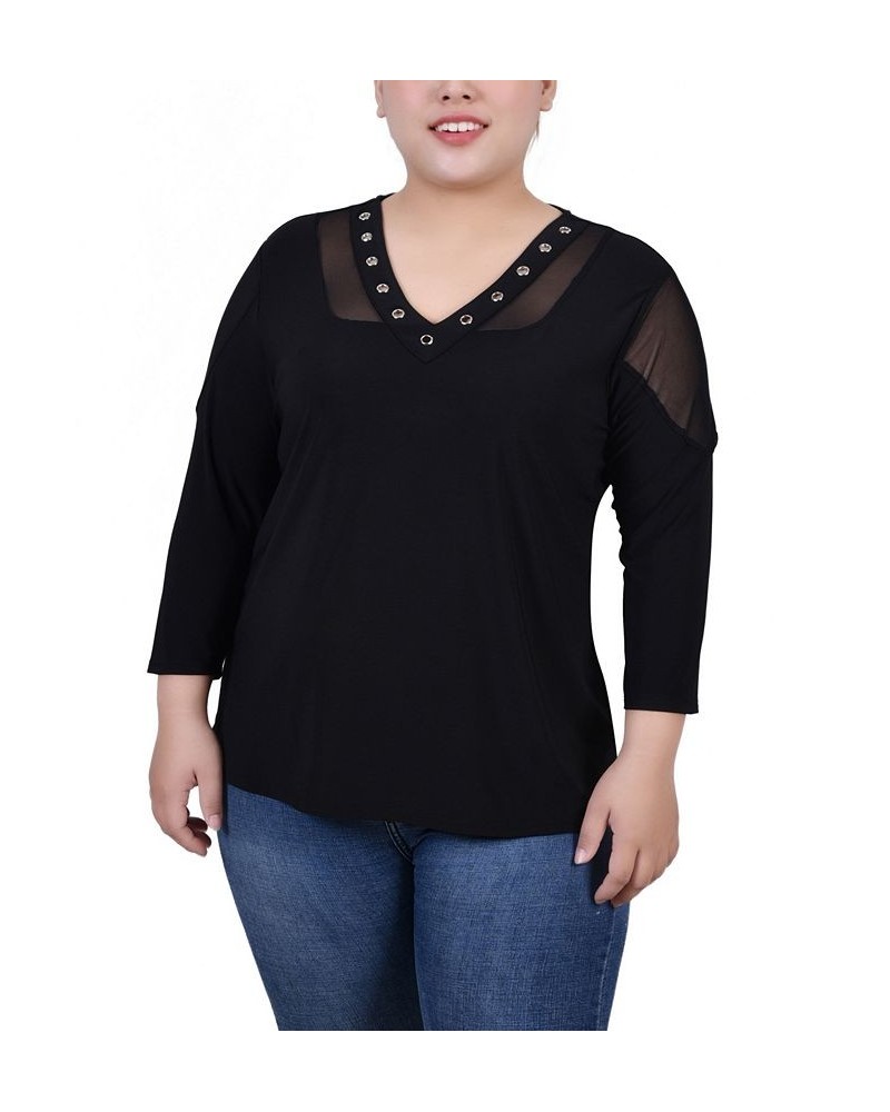 Plus Size 3/4 Sleeve Top with Mesh Insets Black $14.90 Tops