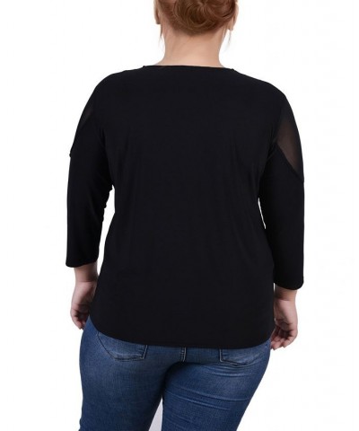 Plus Size 3/4 Sleeve Top with Mesh Insets Black $14.90 Tops