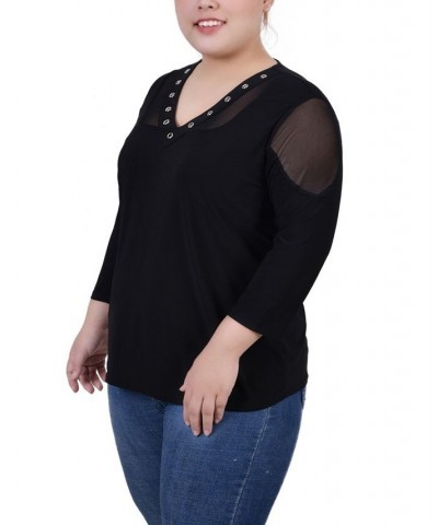 Plus Size 3/4 Sleeve Top with Mesh Insets Black $14.90 Tops