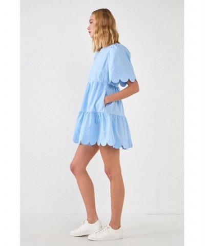 Women's Scallop Detail Mini Dress Blue $34.00 Dresses