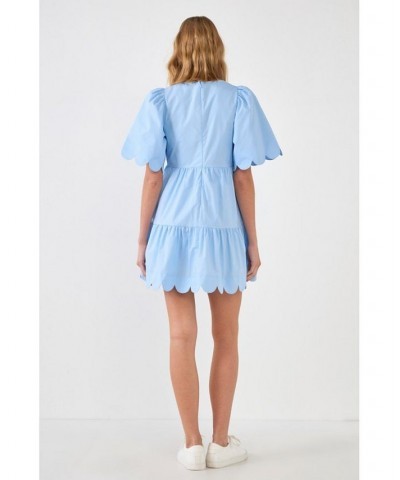 Women's Scallop Detail Mini Dress Blue $34.00 Dresses