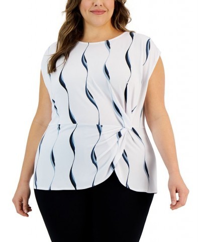 Plus Size Printed Side-Knot Cap-Sleeve Top Sargasso Sea Swirl $19.88 Tops