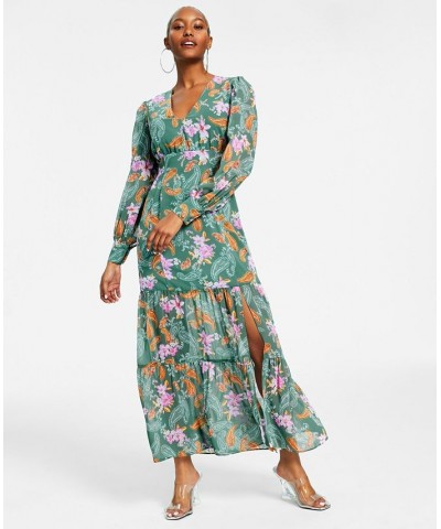 Women's Printed Long-Sleeve Slit-Hem Maxi Dress Patricia Paisly $24.23 Dresses