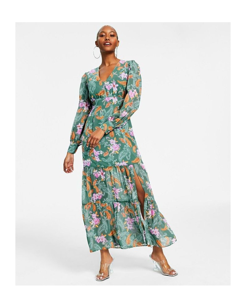 Women's Printed Long-Sleeve Slit-Hem Maxi Dress Patricia Paisly $24.23 Dresses