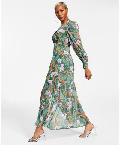 Women's Printed Long-Sleeve Slit-Hem Maxi Dress Patricia Paisly $24.23 Dresses