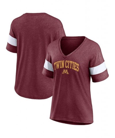 Women's Minnesota Golden Gophers Arched City Sleeve-Striped Tri-Blend V-Neck T-shirt Heathered Maroon $17.22 Tops