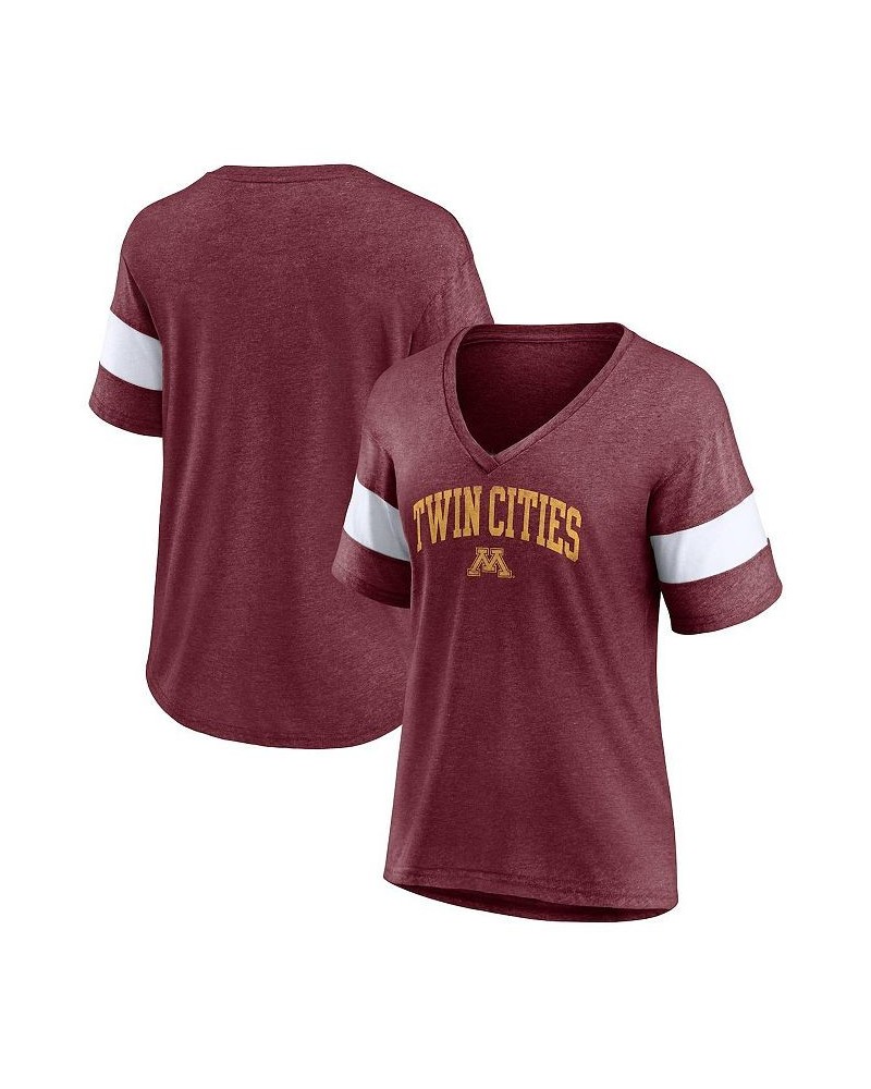 Women's Minnesota Golden Gophers Arched City Sleeve-Striped Tri-Blend V-Neck T-shirt Heathered Maroon $17.22 Tops