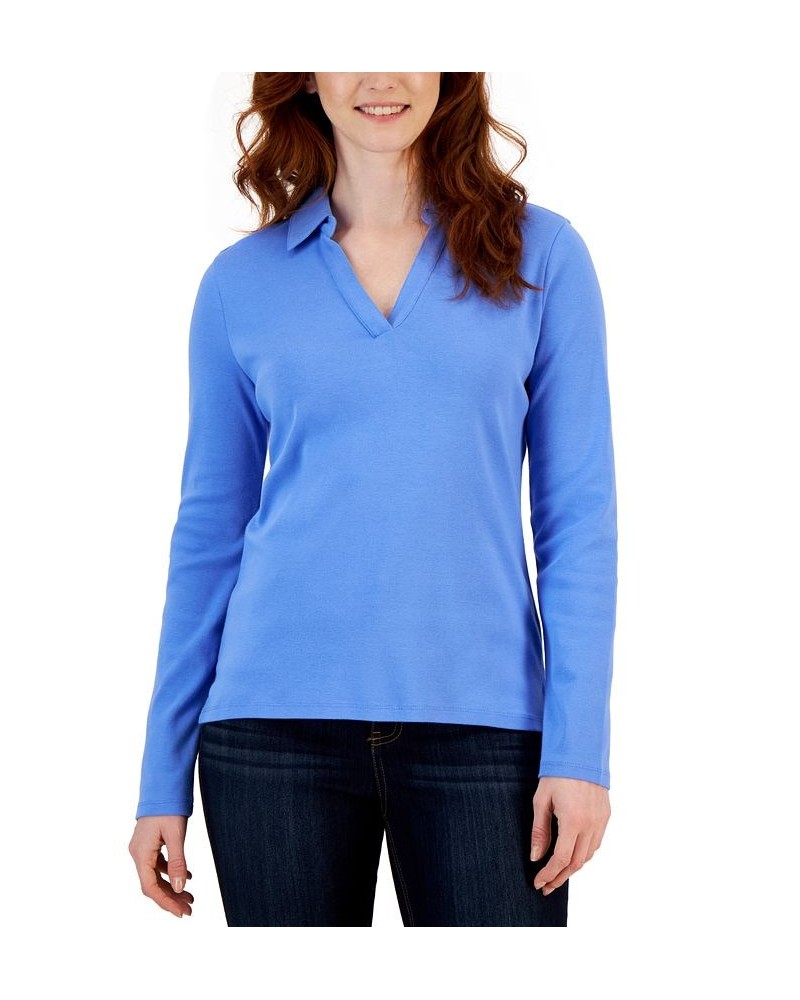 Women's Cotton Johnny Collar T-Shirt Cerulean Sky $14.24 Tops