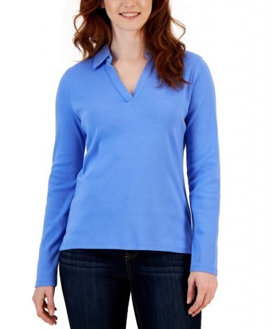 Women's Cotton Johnny Collar T-Shirt Cerulean Sky $14.24 Tops