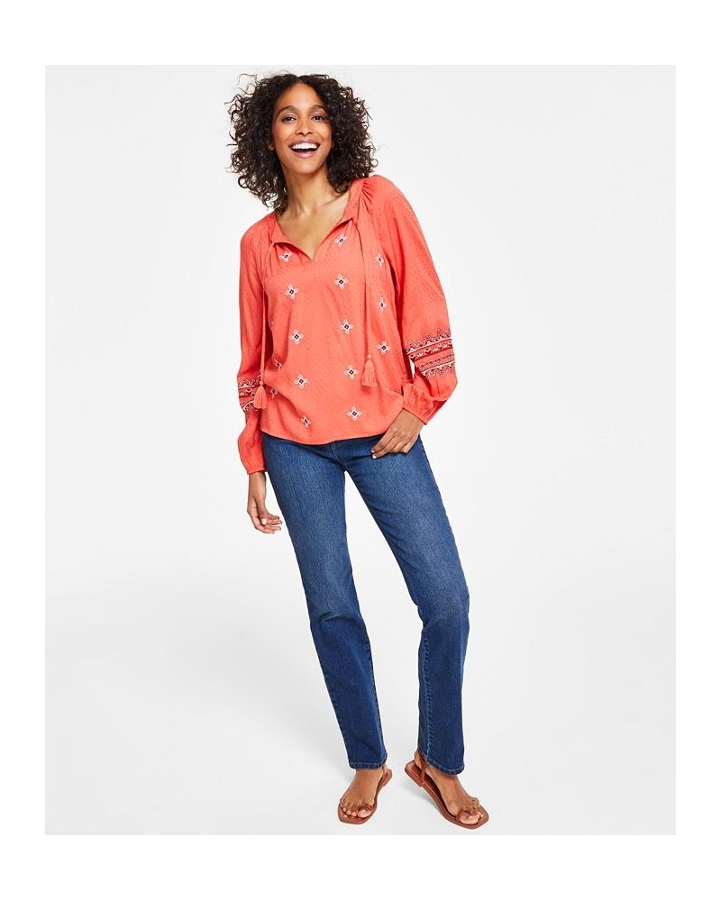 Women's Drapey Embroidered Blouse & Curvy-Fit High Rise Straight-Leg Jeans Astor $21.07 Jeans