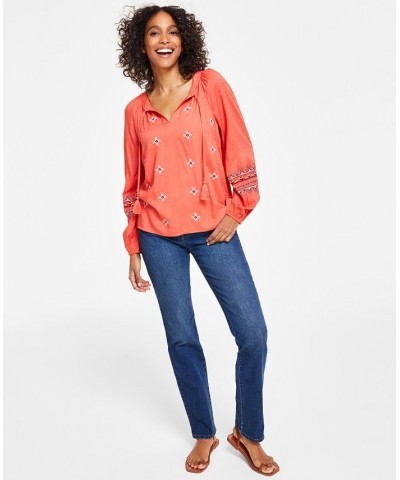 Women's Drapey Embroidered Blouse & Curvy-Fit High Rise Straight-Leg Jeans Astor $21.07 Jeans