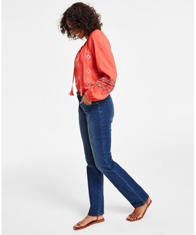 Women's Drapey Embroidered Blouse & Curvy-Fit High Rise Straight-Leg Jeans Astor $21.07 Jeans