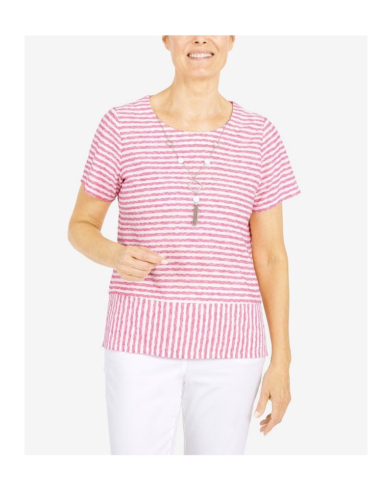 Women's Classics Stripe Texture Knit Short Sleeve Top with Necklace Carnation $32.25 Tops