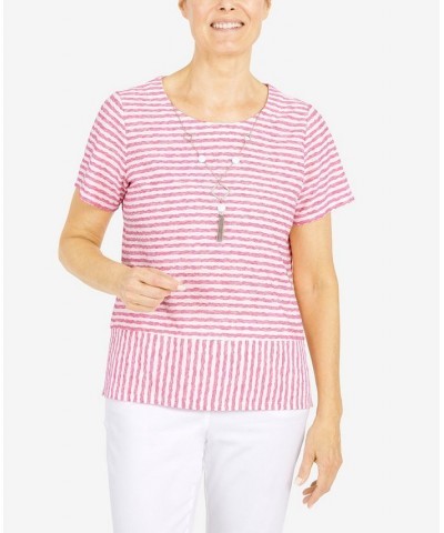 Women's Classics Stripe Texture Knit Short Sleeve Top with Necklace Carnation $32.25 Tops