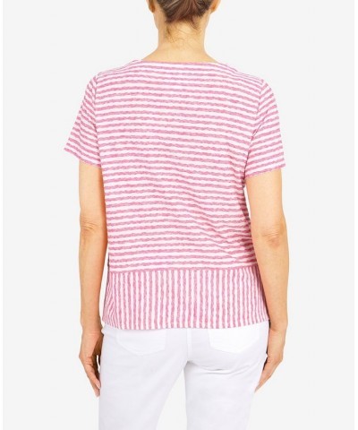 Women's Classics Stripe Texture Knit Short Sleeve Top with Necklace Carnation $32.25 Tops