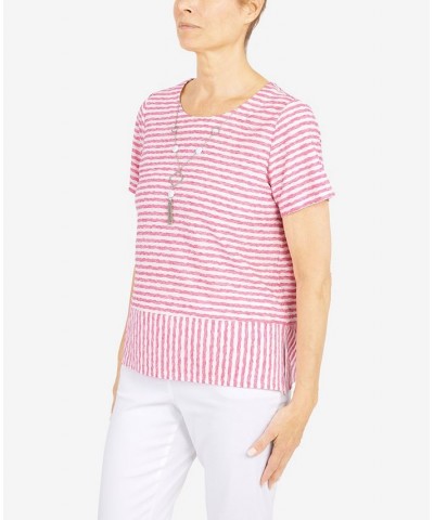 Women's Classics Stripe Texture Knit Short Sleeve Top with Necklace Carnation $32.25 Tops