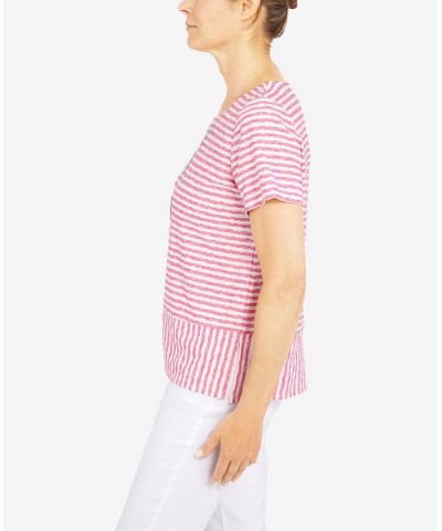 Women's Classics Stripe Texture Knit Short Sleeve Top with Necklace Carnation $32.25 Tops