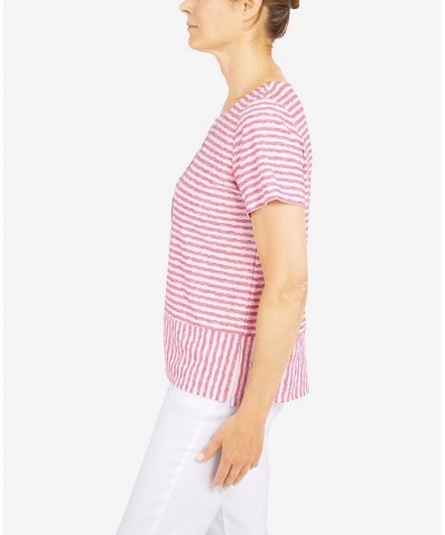 Women's Classics Stripe Texture Knit Short Sleeve Top with Necklace Carnation $32.25 Tops