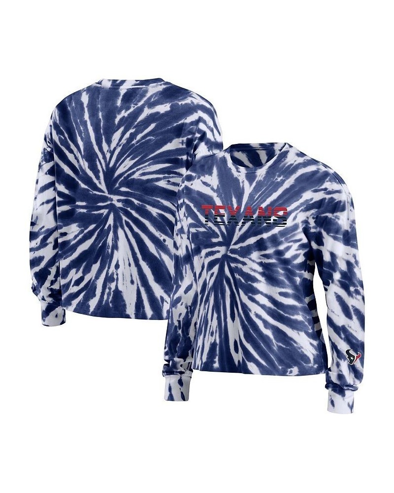 Women's Navy Houston Texans Tie-Dye Cropped Long Sleeve T-shirt Navy $28.59 Tops