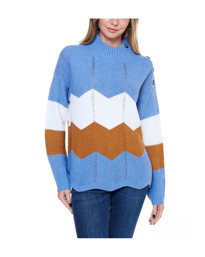 Women's Ribbed Mock Neck Sweater with Shoulder Button Blue $31.96 Sweaters