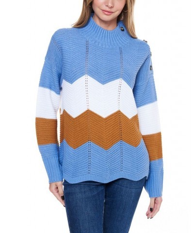 Women's Ribbed Mock Neck Sweater with Shoulder Button Blue $31.96 Sweaters