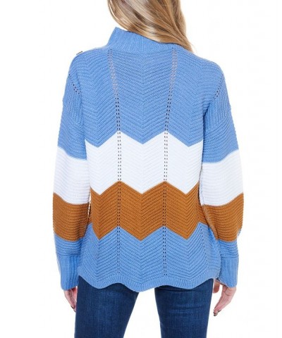 Women's Ribbed Mock Neck Sweater with Shoulder Button Blue $31.96 Sweaters