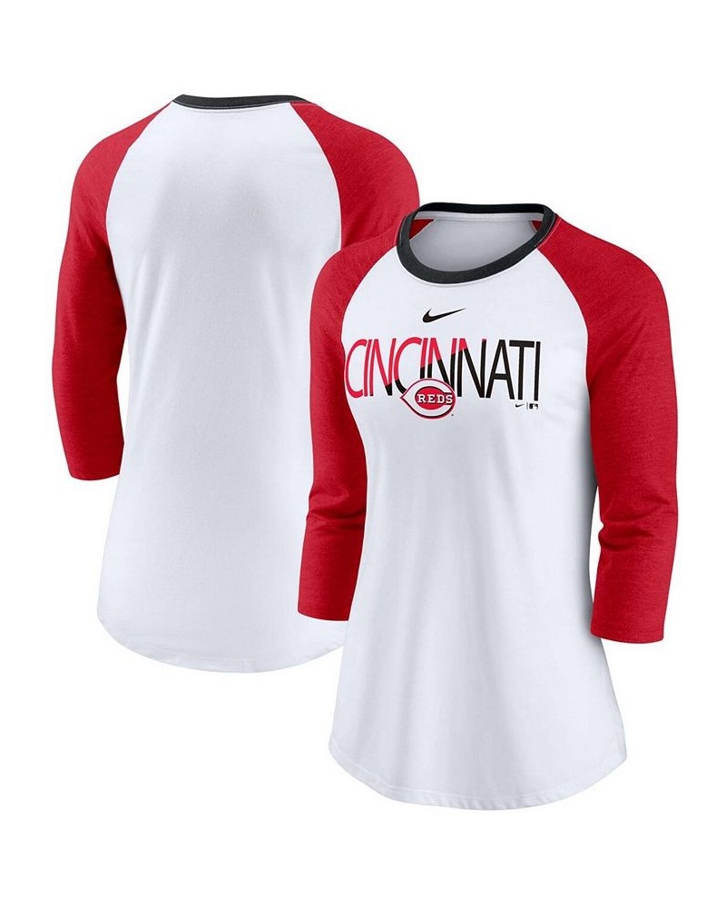 Women's White Heathered Red Cincinnati Reds Color Split Tri-Blend 3/4 Sleeve Raglan T-shirt White $30.79 Tops