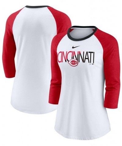 Women's White Heathered Red Cincinnati Reds Color Split Tri-Blend 3/4 Sleeve Raglan T-shirt White $30.79 Tops