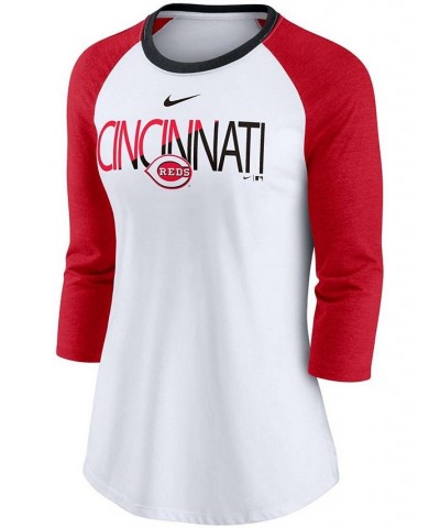 Women's White Heathered Red Cincinnati Reds Color Split Tri-Blend 3/4 Sleeve Raglan T-shirt White $30.79 Tops