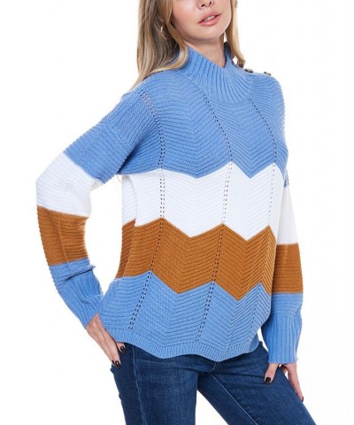 Women's Ribbed Mock Neck Sweater with Shoulder Button Blue $31.96 Sweaters