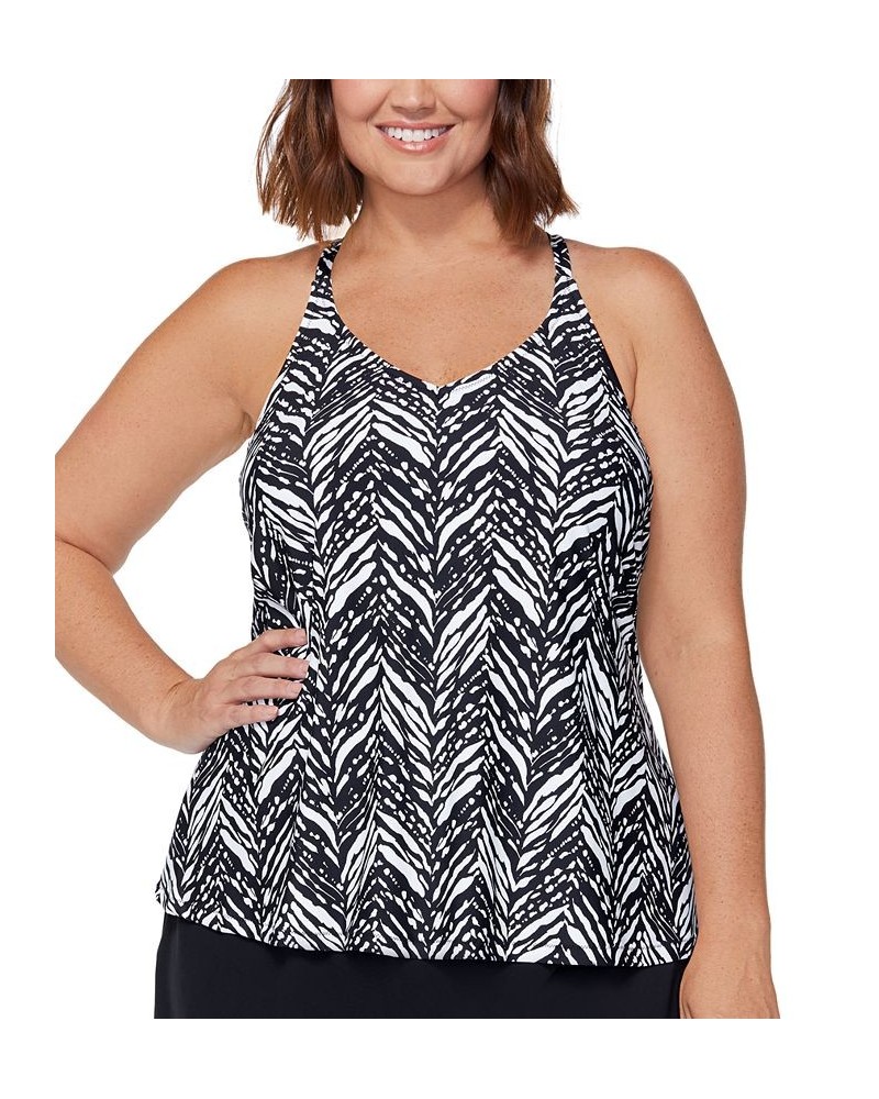 Plus Size Printed Racerback Underwire Tankini Swim Top Black/White $28.20 Swimsuits