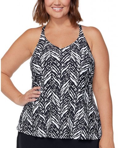 Plus Size Printed Racerback Underwire Tankini Swim Top Black/White $28.20 Swimsuits