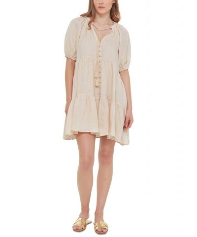 Women's Tassel-Tie Button-Front Mini A-Line Dress Cream $16.08 Dresses