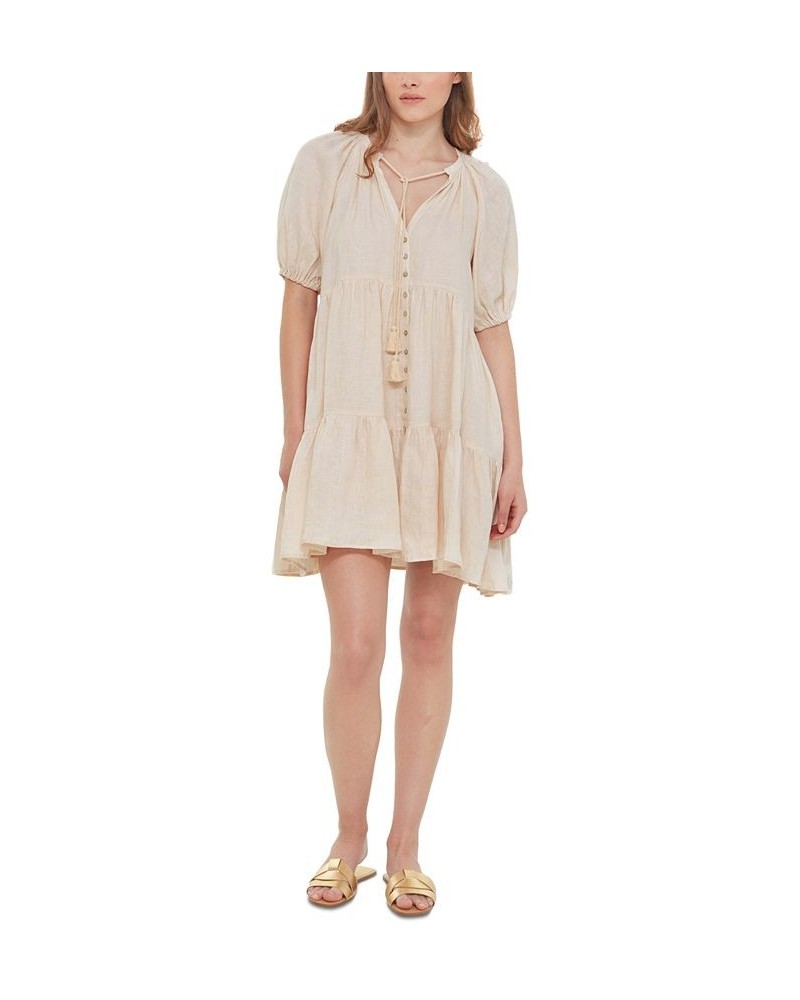 Women's Tassel-Tie Button-Front Mini A-Line Dress Cream $16.08 Dresses