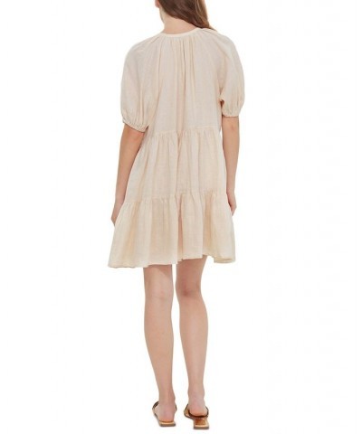 Women's Tassel-Tie Button-Front Mini A-Line Dress Cream $16.08 Dresses